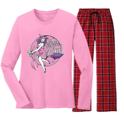 In October We Wear Pink Ribbon Witch Halloween Breast Cancer Women's Long Sleeve Flannel Pajama Set 