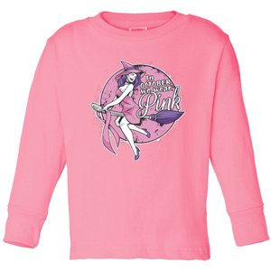 In October We Wear Pink Ribbon Witch Halloween Breast Cancer Toddler Long Sleeve Shirt