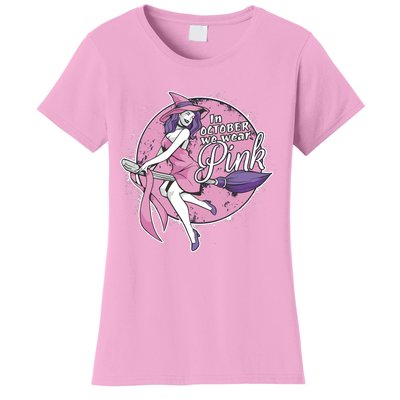 In October We Wear Pink Ribbon Witch Halloween Breast Cancer Women's T-Shirt