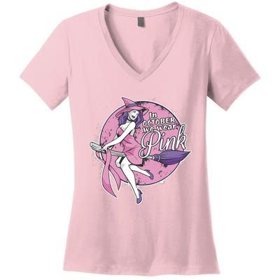 In October We Wear Pink Ribbon Witch Halloween Breast Cancer Women's V-Neck T-Shirt