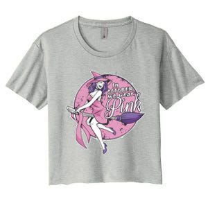 In October We Wear Pink Ribbon Witch Halloween Breast Cancer Women's Crop Top Tee