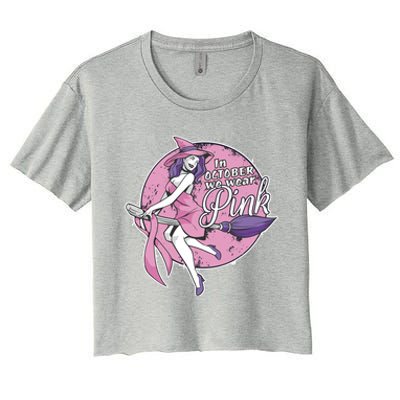 In October We Wear Pink Ribbon Witch Halloween Breast Cancer Women's Crop Top Tee