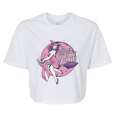 In October We Wear Pink Ribbon Witch Halloween Breast Cancer Bella+Canvas Jersey Crop Tee