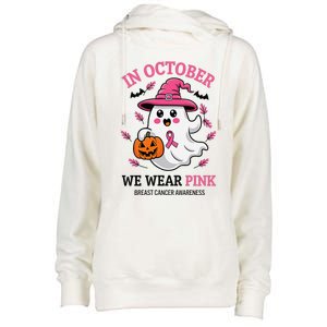 In October We Wear Pin.K Ghost Witch Breast Cancer Awareness Womens Funnel Neck Pullover Hood