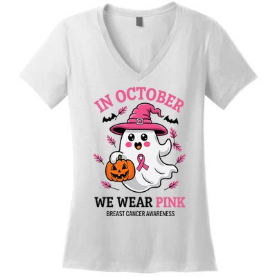 In October We Wear Pin.K Ghost Witch Breast Cancer Awareness Women's V-Neck T-Shirt