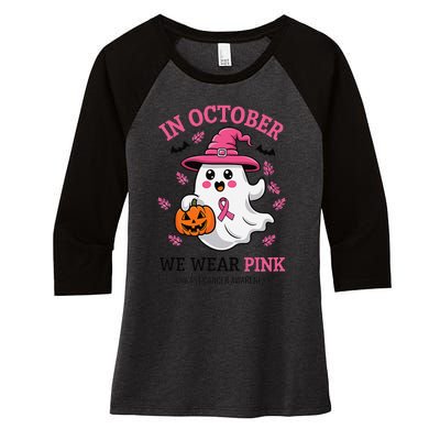 In October We Wear Pin.K Ghost Witch Breast Cancer Awareness Women's Tri-Blend 3/4-Sleeve Raglan Shirt