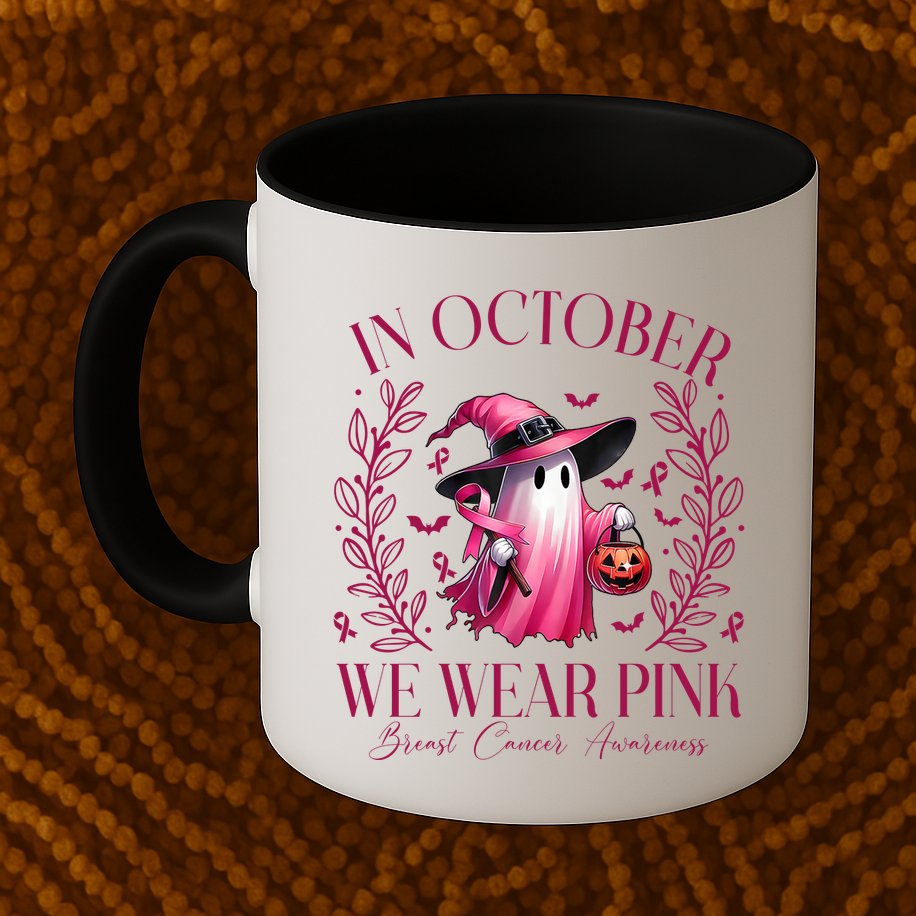 In October We Wear Pink Breast Cancer Awareness Halloween Ghost Mug