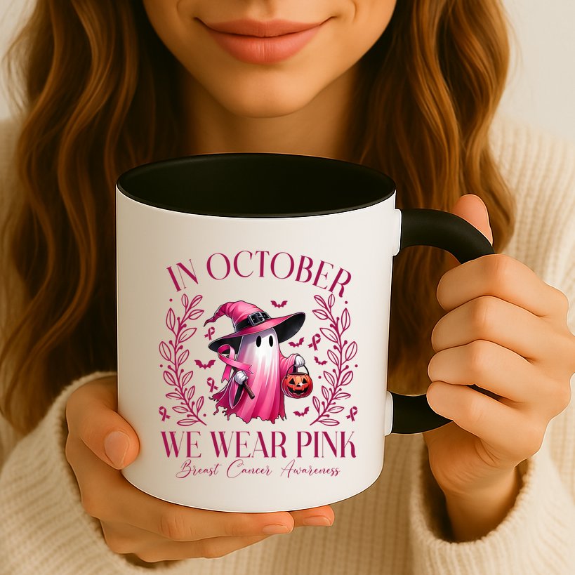 In October We Wear Pink Breast Cancer Awareness Halloween Ghost Mug