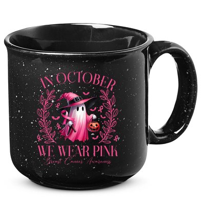 In October We Wear Pink Breast Cancer Awareness Halloween Ghost 15oz Campfire Ceramic Mug