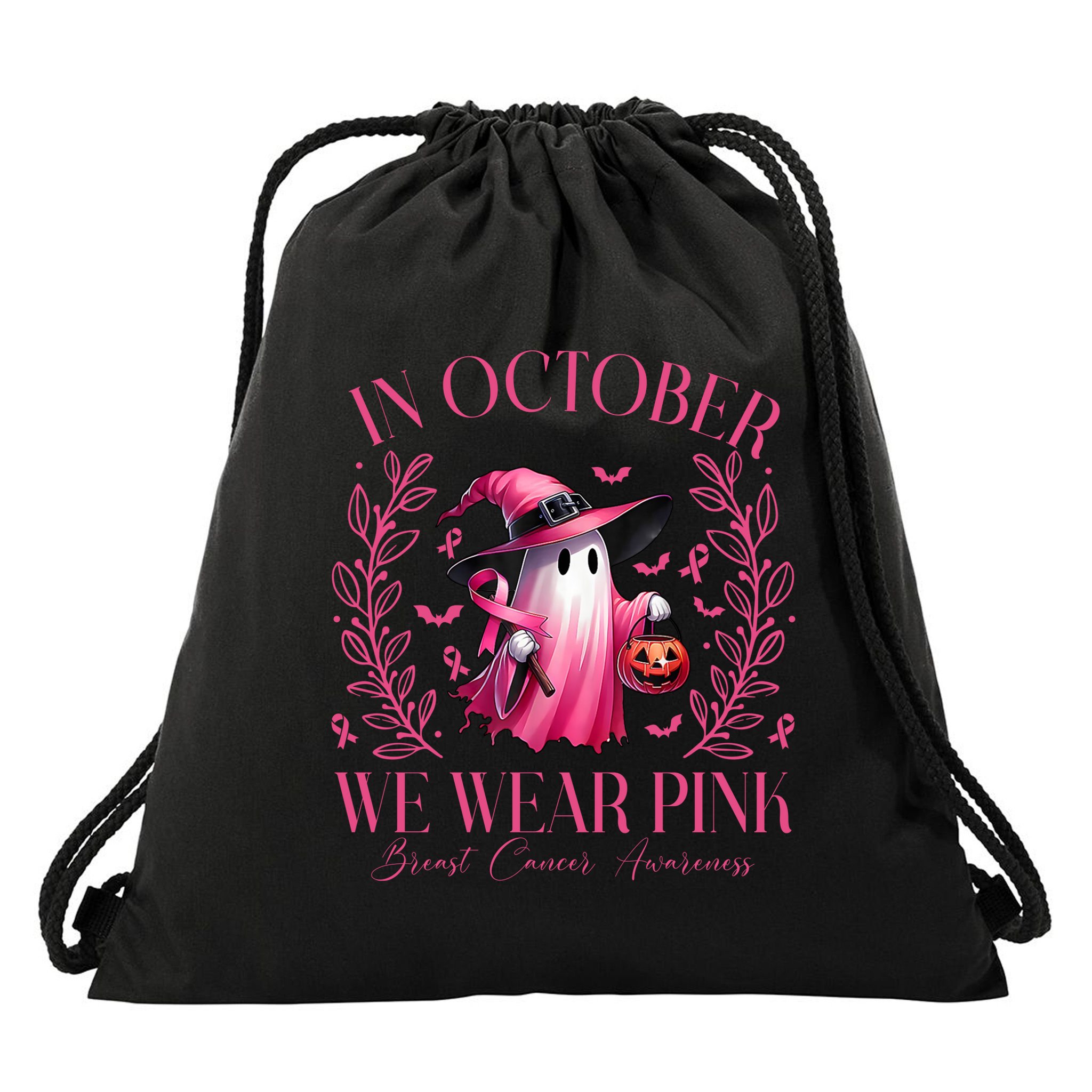In October We Wear Pink Breast Cancer Awareness Halloween Ghost Drawstring Bag