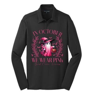 In October We Wear Pink Breast Cancer Awareness Halloween Ghost Silk Touch Performance Long Sleeve Polo