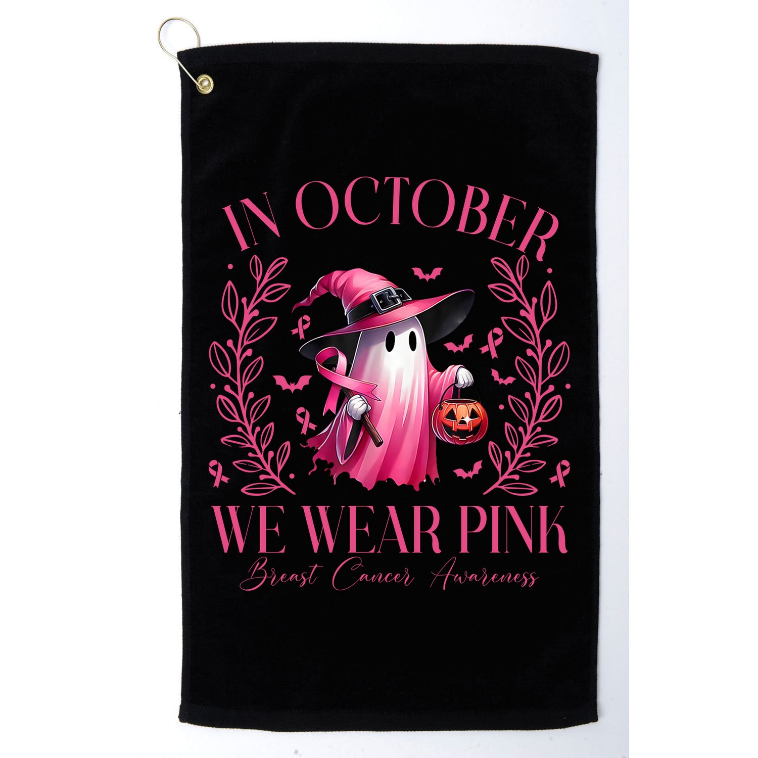 In October We Wear Pink Breast Cancer Awareness Halloween Ghost Golf Towel