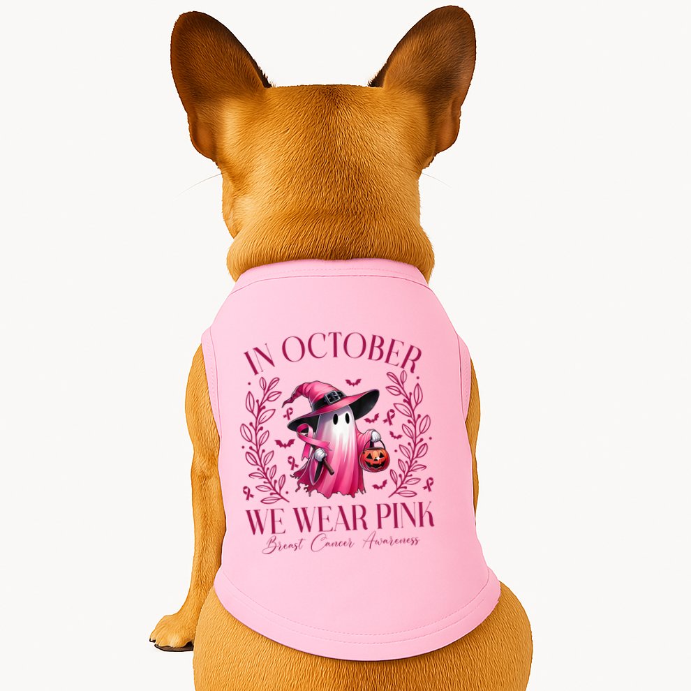 In October We Wear Pink Breast Cancer Awareness Halloween Ghost Doggie Tank