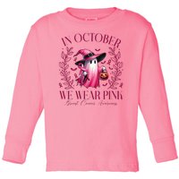 In October We Wear Pink Breast Cancer Awareness Halloween Ghost Toddler Long Sleeve Shirt