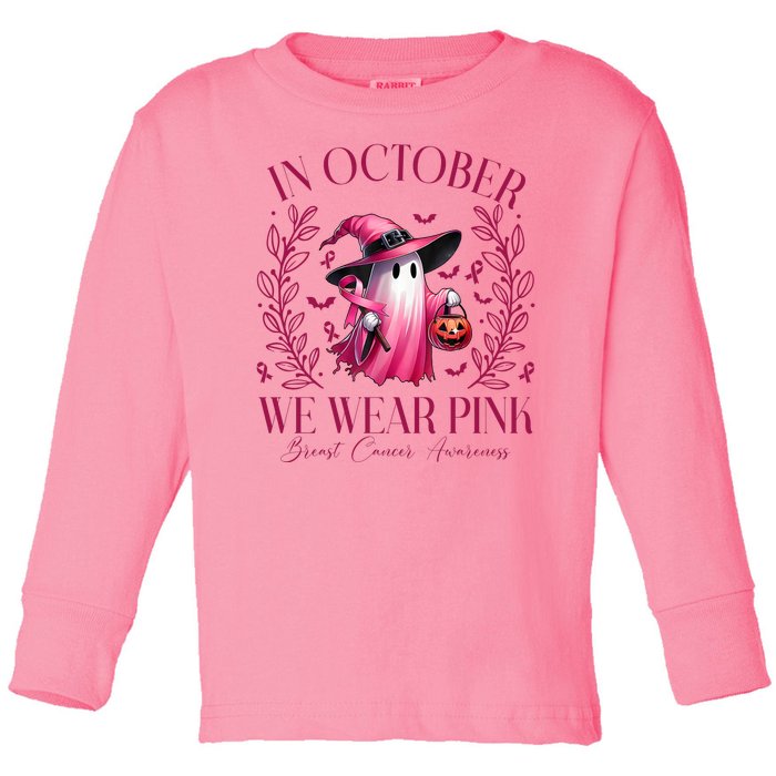 In October We Wear Pink Breast Cancer Awareness Halloween Ghost Toddler Long Sleeve Shirt