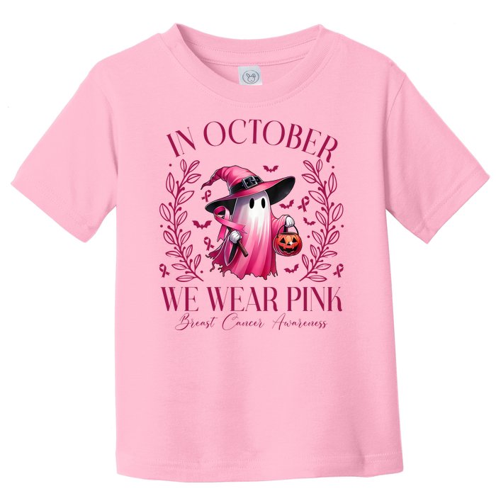 In October We Wear Pink Breast Cancer Awareness Halloween Ghost Toddler T-Shirt