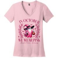 In October We Wear Pink Breast Cancer Awareness Halloween Ghost Women's V-Neck T-Shirt