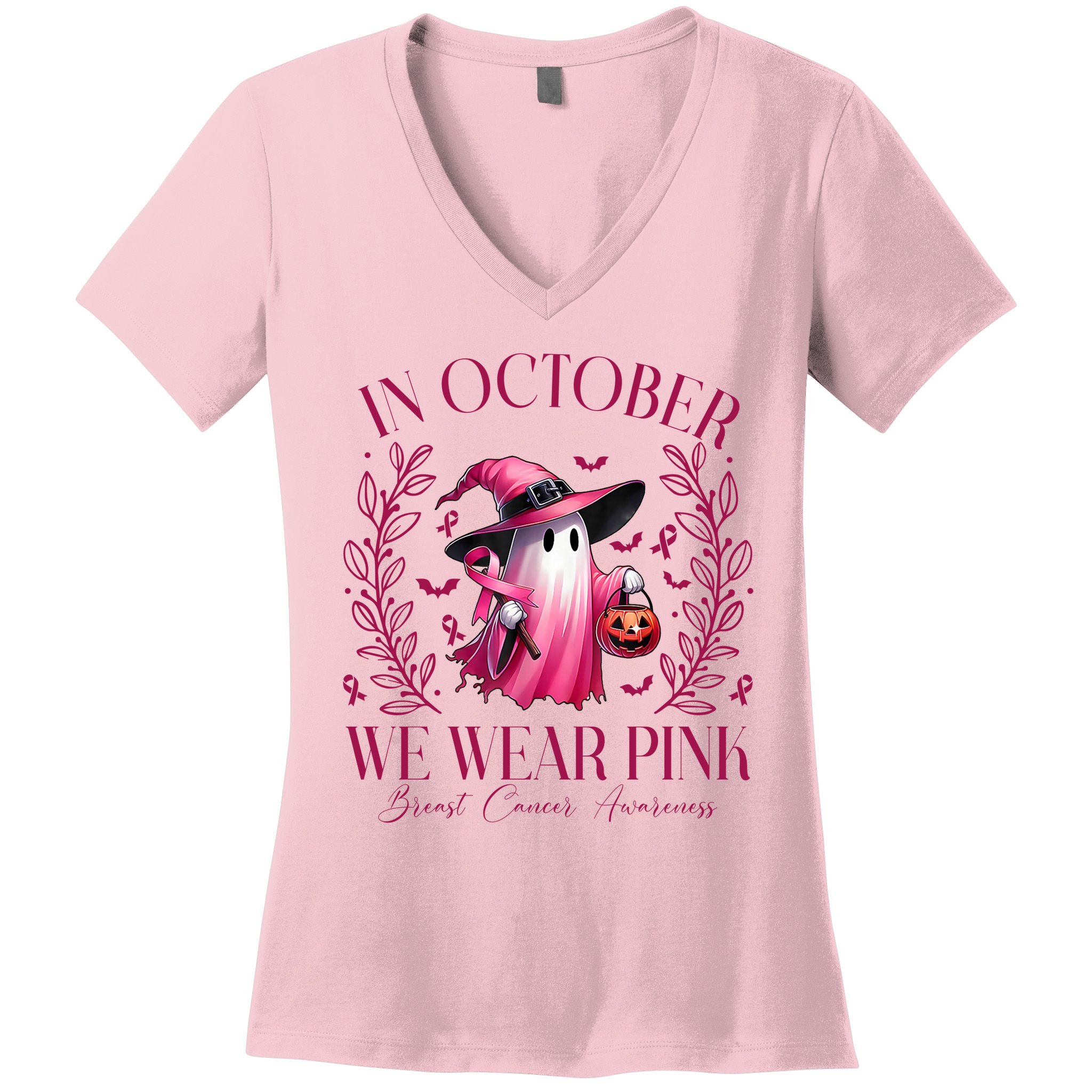 In October We Wear Pink Breast Cancer Awareness Halloween Ghost Women's V-Neck T-Shirt