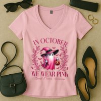 In October We Wear Pink Breast Cancer Awareness Halloween Ghost Women's V-Neck T-Shirt