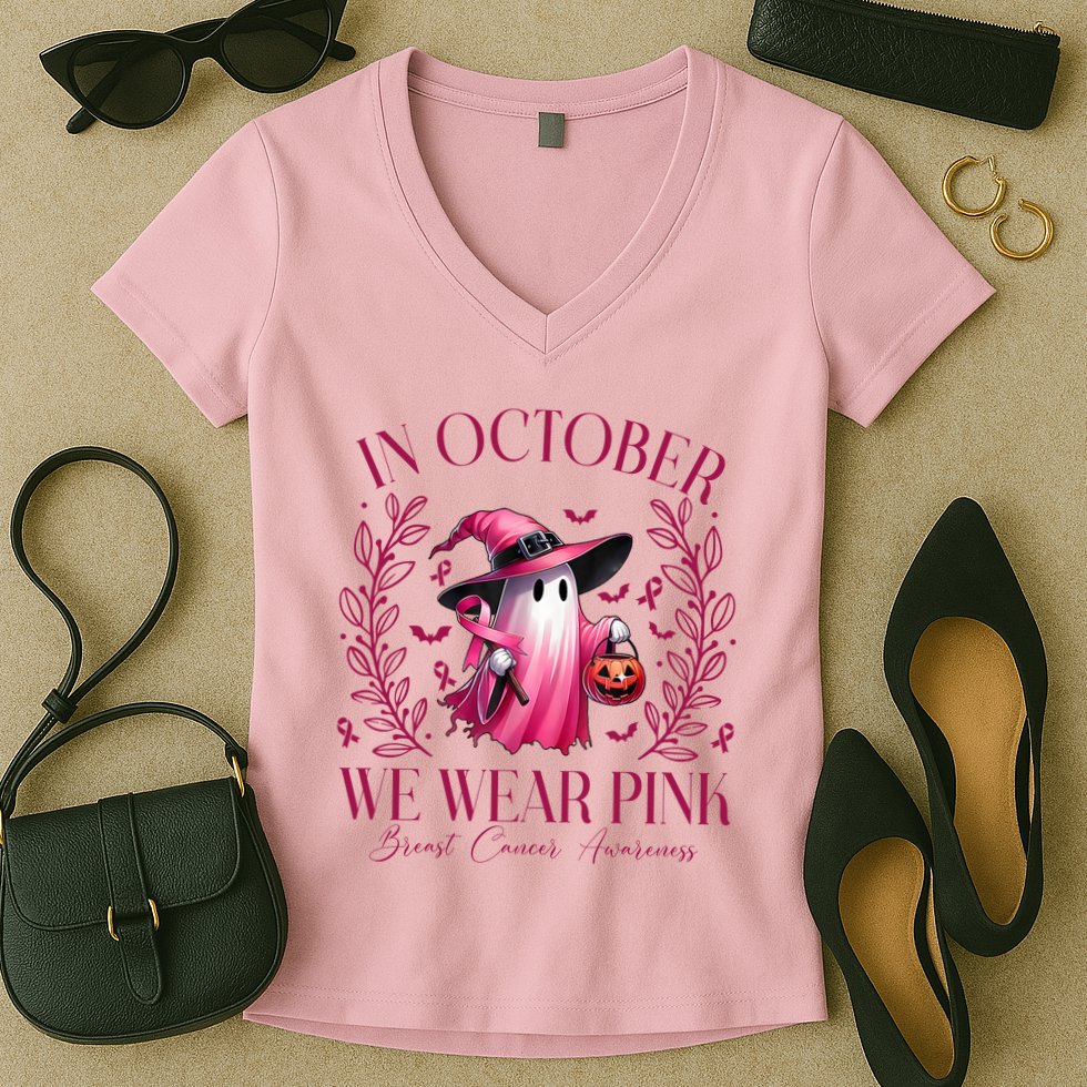 In October We Wear Pink Breast Cancer Awareness Halloween Ghost Women's V-Neck T-Shirt