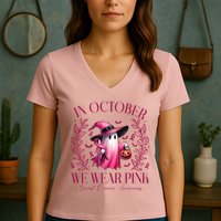 In October We Wear Pink Breast Cancer Awareness Halloween Ghost Women's V-Neck T-Shirt
