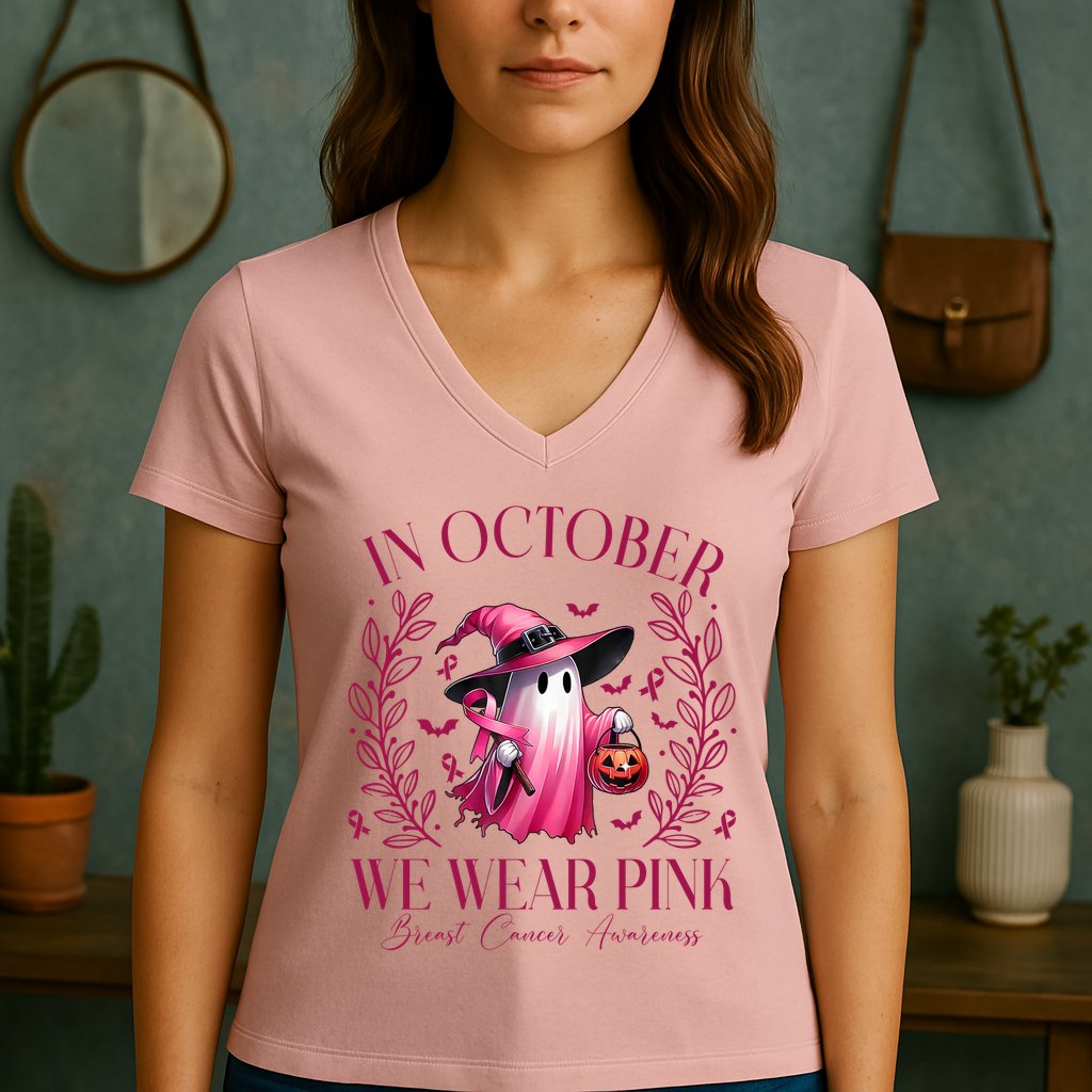 In October We Wear Pink Breast Cancer Awareness Halloween Ghost Women's V-Neck T-Shirt