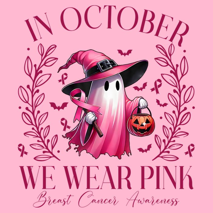 In October We Wear Pink Breast Cancer Awareness Halloween Ghost Women's V-Neck T-Shirt