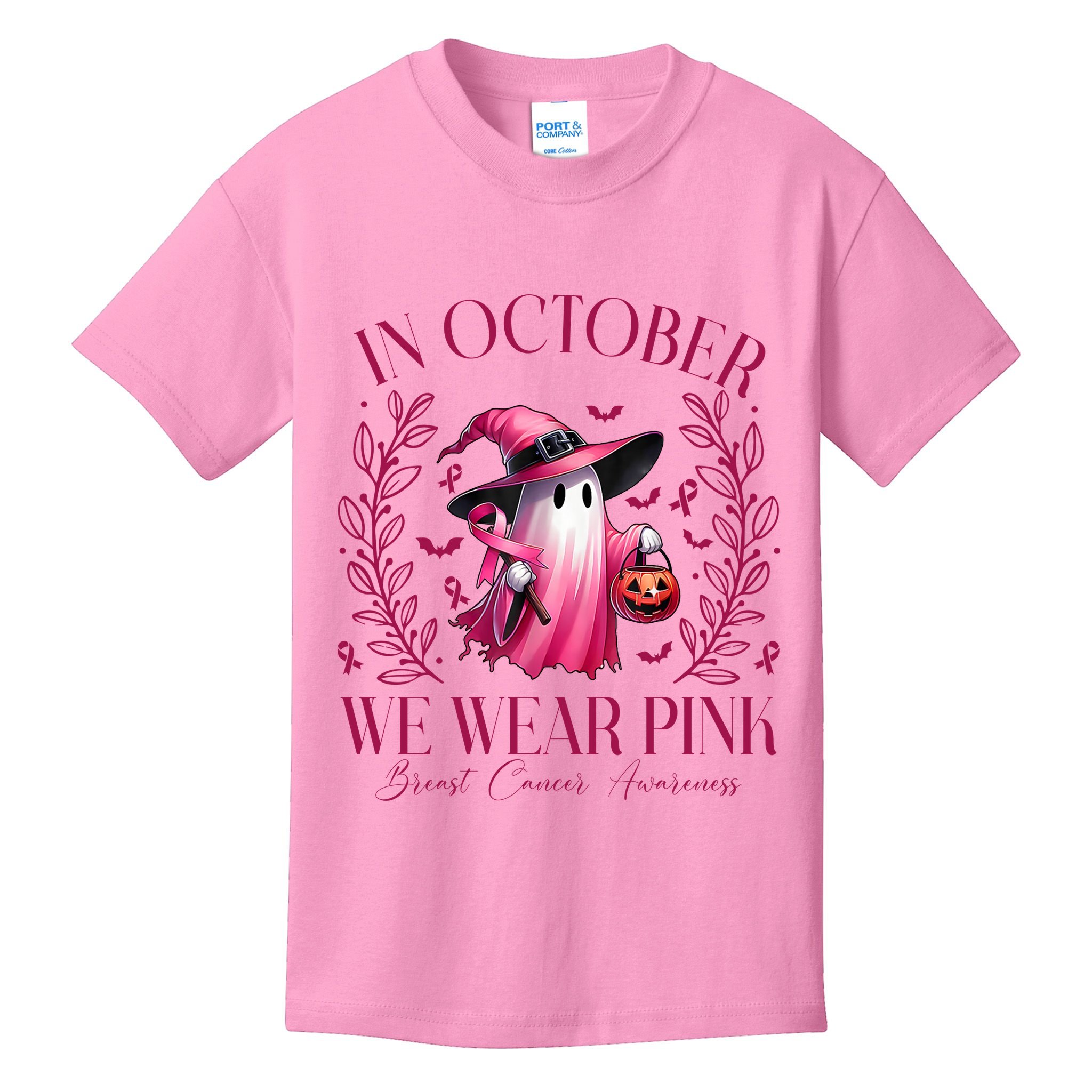 In October We Wear Pink Breast Cancer Awareness Halloween Ghost Kids T-Shirt