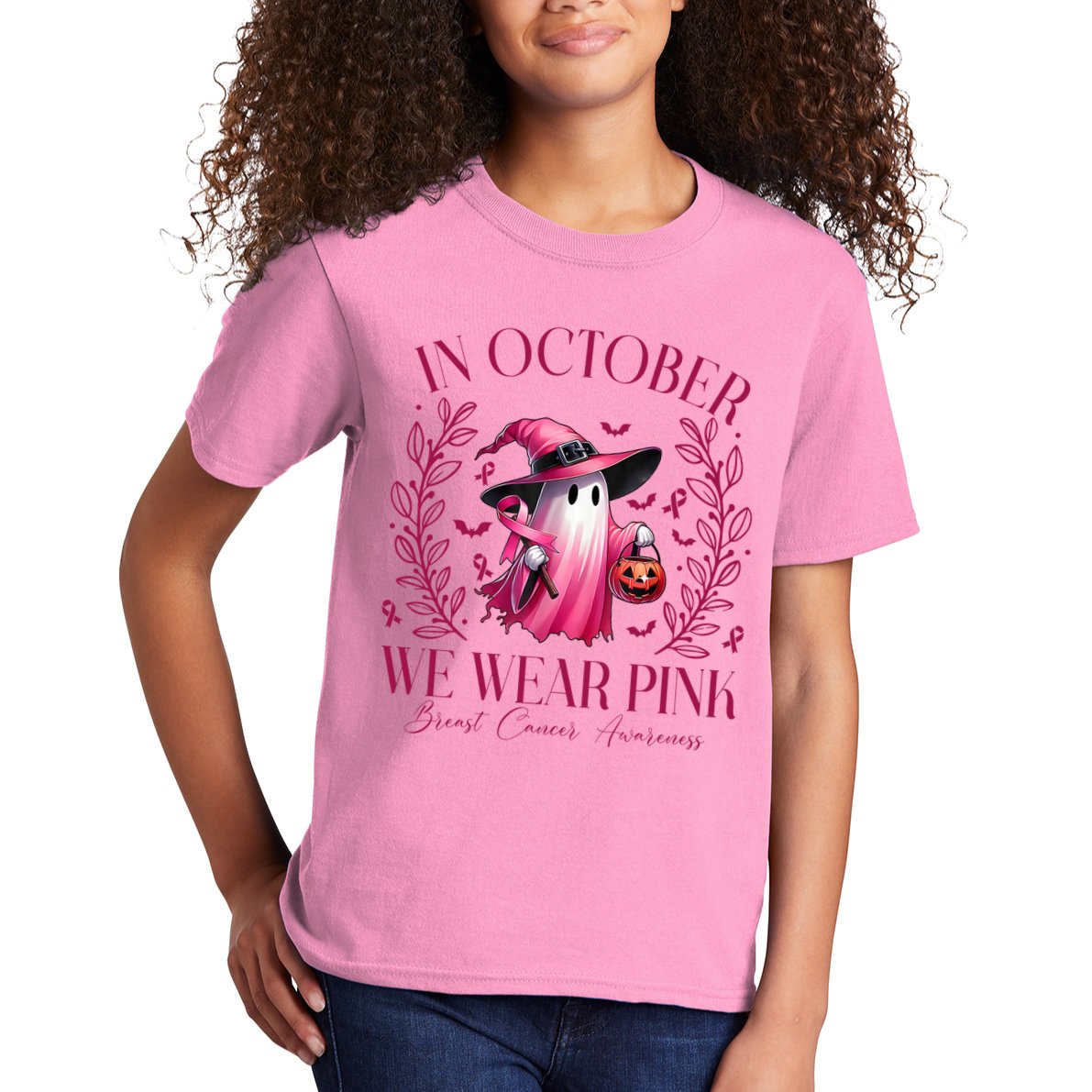 In October We Wear Pink Breast Cancer Awareness Halloween Ghost Kids T-Shirt