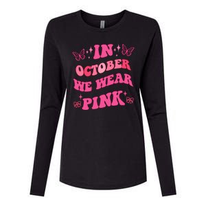 In October We Wear Pink Breast Cancer Butterflies Womens Cotton Relaxed Long Sleeve T-Shirt