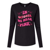 In October We Wear Pink Breast Cancer Butterflies Womens Cotton Relaxed Long Sleeve T-Shirt