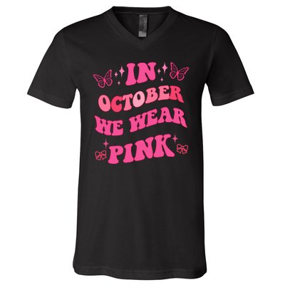 In October We Wear Pink Breast Cancer Butterflies V-Neck T-Shirt