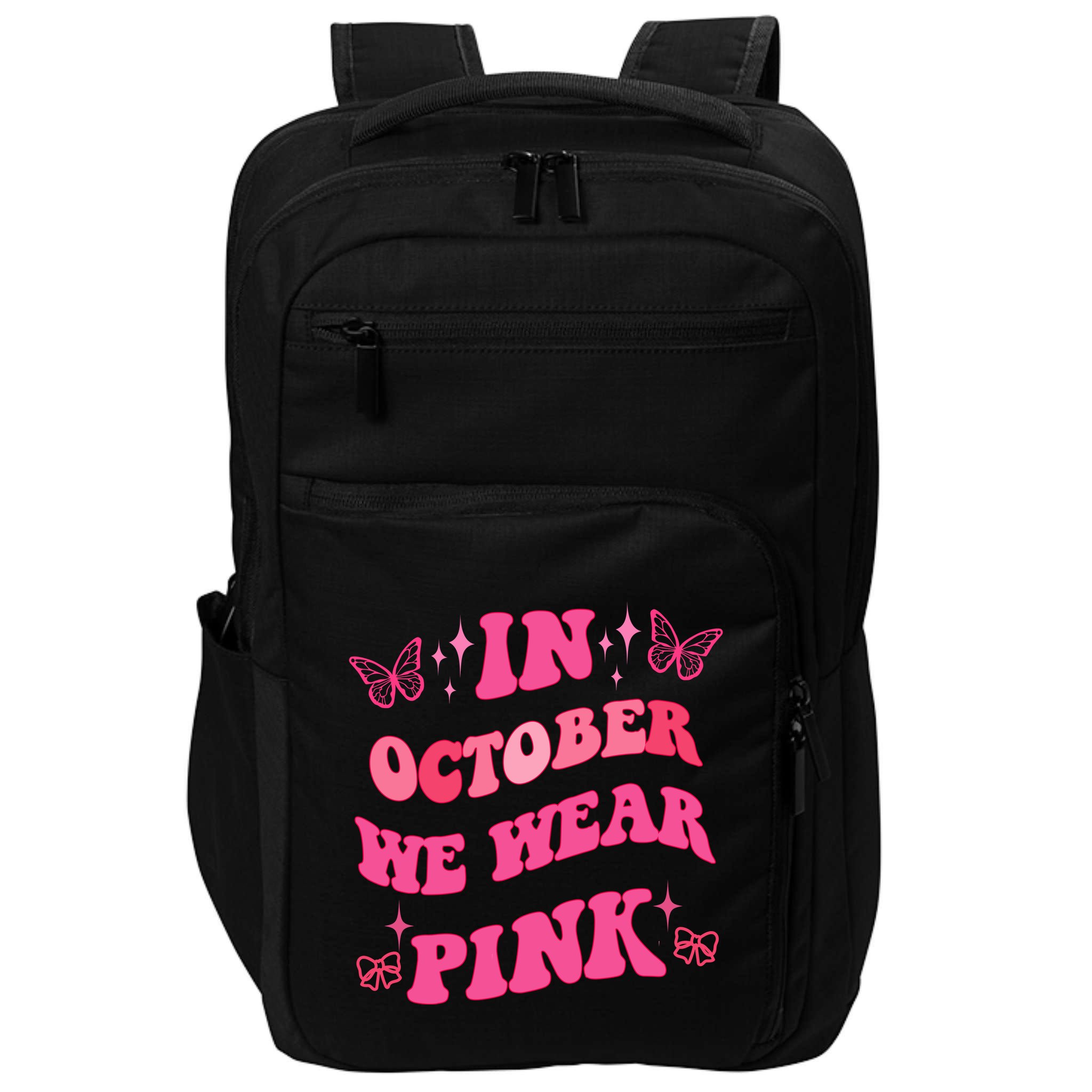 In October We Wear Pink Breast Cancer Butterflies Impact Tech Backpack