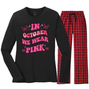 In October We Wear Pink Breast Cancer Butterflies Women's Long Sleeve Flannel Pajama Set 