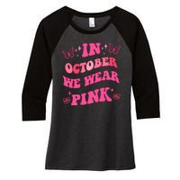 In October We Wear Pink Breast Cancer Butterflies Women's Tri-Blend 3/4-Sleeve Raglan Shirt