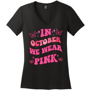 In October We Wear Pink Breast Cancer Butterflies Women's V-Neck T-Shirt