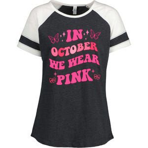 In October We Wear Pink Breast Cancer Butterflies Enza Ladies Jersey Colorblock Tee