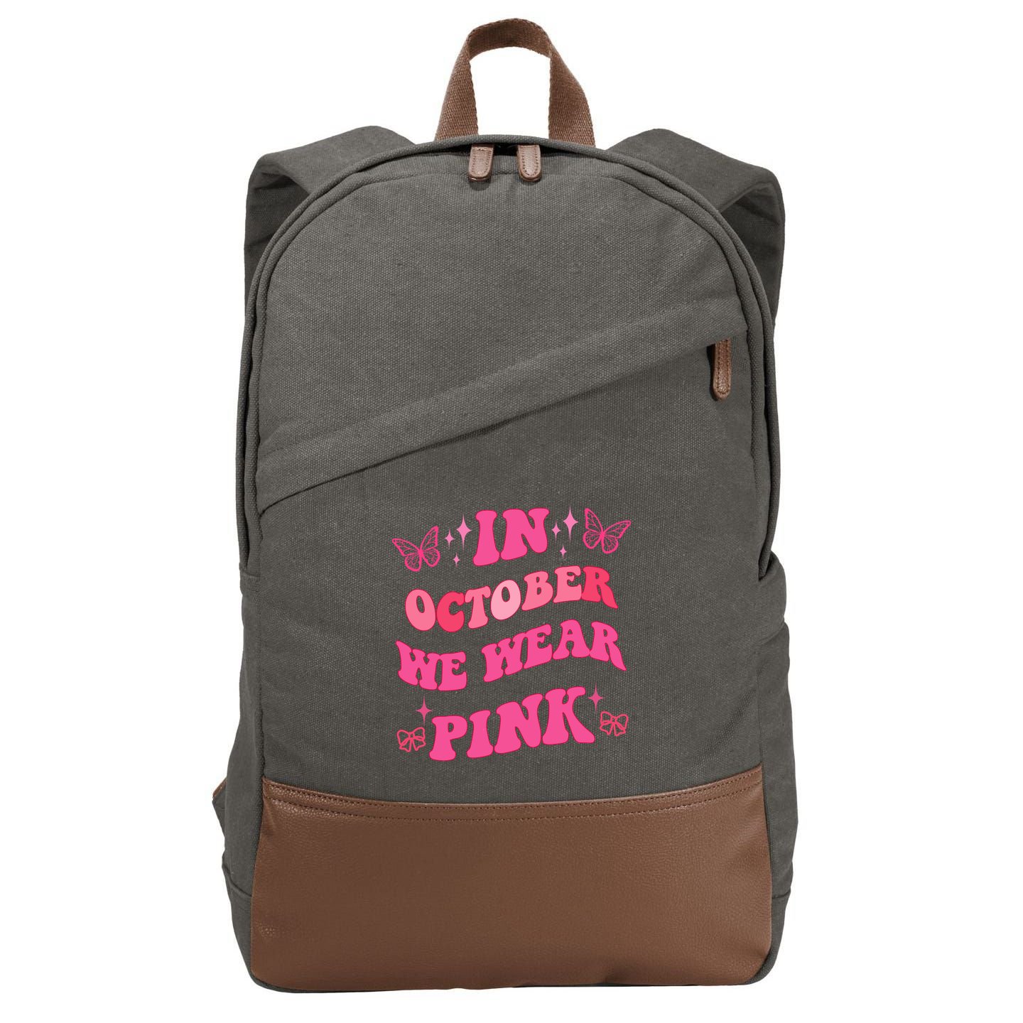 In October We Wear Pink Breast Cancer Butterflies Cotton Canvas Backpack