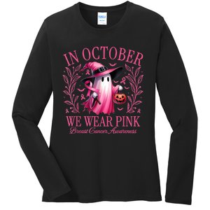 In October We Wear Breast Cancer Awareness Halloween Ladies Long Sleeve Shirt