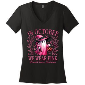 In October We Wear Breast Cancer Awareness Halloween Women's V-Neck T-Shirt