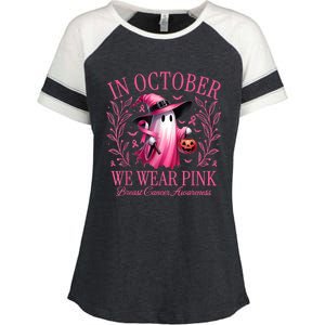 In October We Wear Breast Cancer Awareness Halloween Enza Ladies Jersey Colorblock Tee