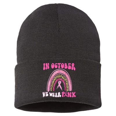 In October We Wear Pink Leopard For Breast Cancer Sustainable Knit Beanie