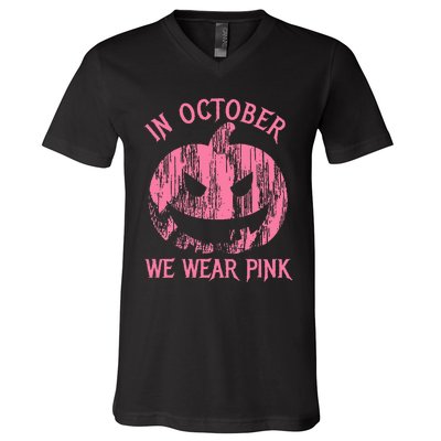 In October We Wear Pink Halloween Jack O Lantern Art Cancer V-Neck T-Shirt