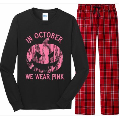 In October We Wear Pink Halloween Jack O Lantern Art Cancer Long Sleeve Pajama Set