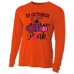 In October We Wear Thanksgiving Breast Cancer Awareness Gift Cooling Performance Long Sleeve Crew