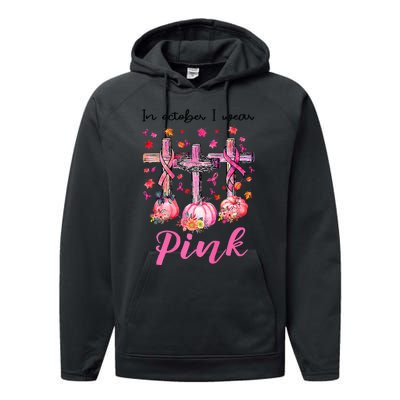 in october we wear pink jesus cross breast cancer awareness Performance Fleece Hoodie