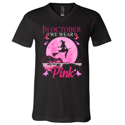 In October We Wear Pink Halloween Breast Cancer V-Neck T-Shirt