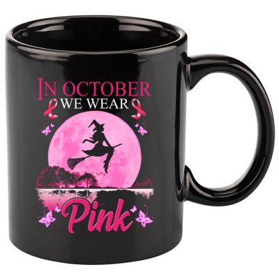 In October We Wear Pink Halloween Breast Cancer 11oz C Handle Ceramic Mug