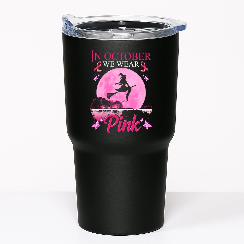 In October We Wear Pink Halloween Breast Cancer Tumbler