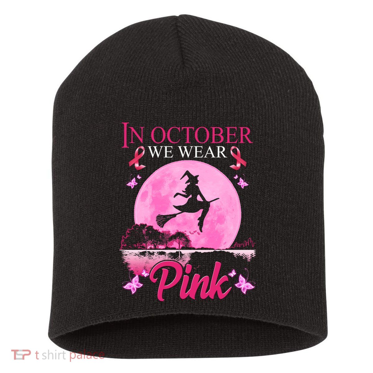 In October We Wear Pink Halloween Breast Cancer Short Acrylic Beanie